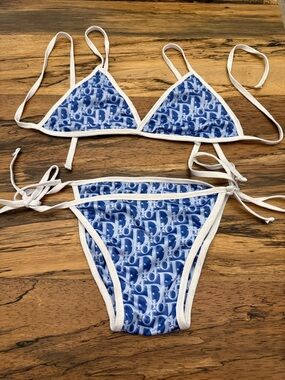 Blue Logo Print Triangle Bikini with White Trim